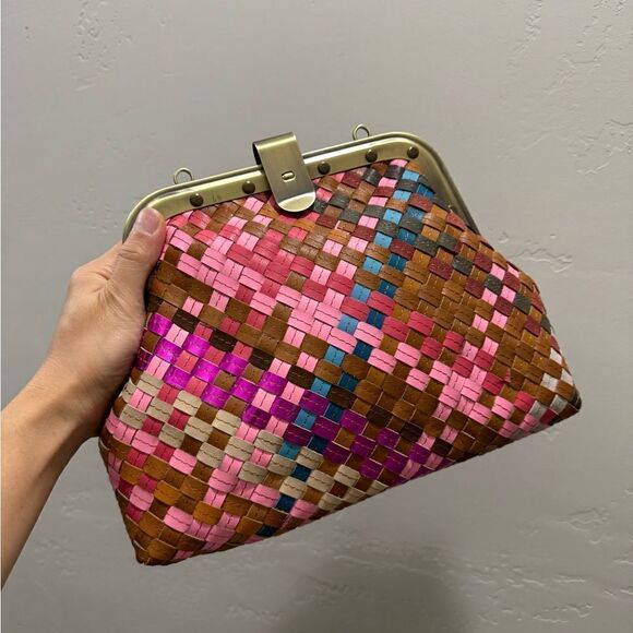 Colorful Genuine Woven Leather Retro Metal Frame & Push Lock Handbag, Crossbody - Picture 7 of 16